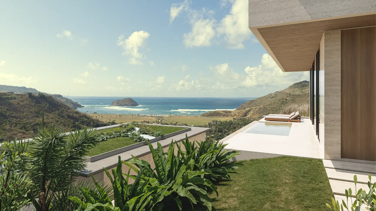 Samudra Villas – Exterior render, pool deck and ocean view over Are Guling, South Lombok