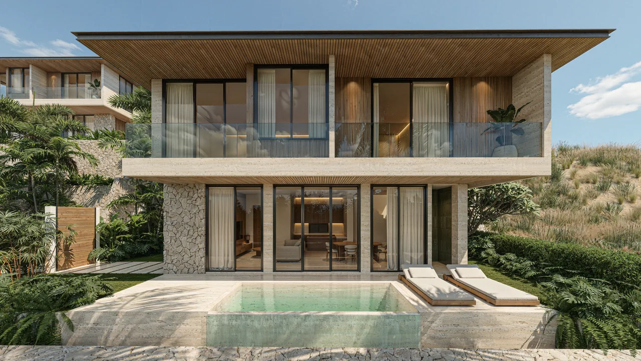 Samudra Villas – Exterior render, villa facade with private pool, South Lombok