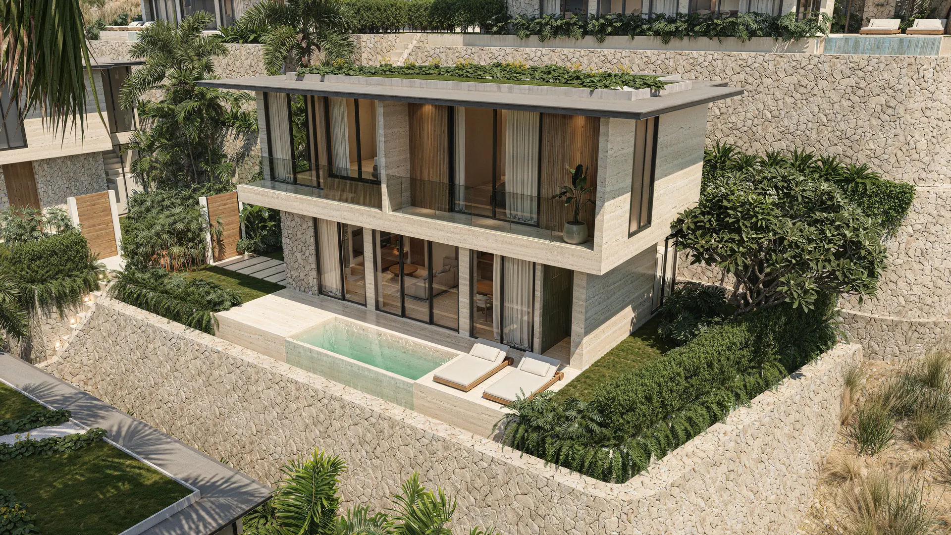 Samudra Villas — architectural render of the villa exterior on its terraced plot, South Lombok